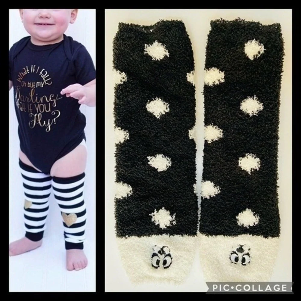 Baby Fuzzy Leg Warmers Polka Dot Black White Cute Animal‎ Face Bottoms Toddler